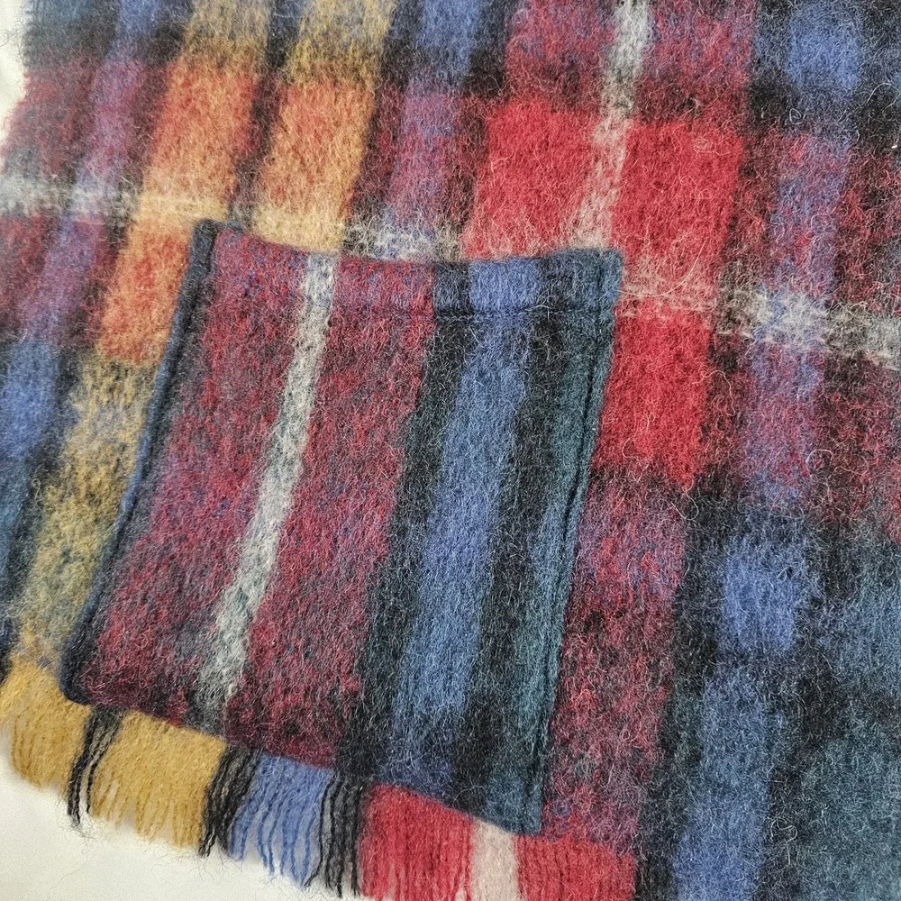 Vtg Highland Home Ind Mohair Wool Shawl‎ Pockets Red Yellow Plaid Scarf 16 X 74